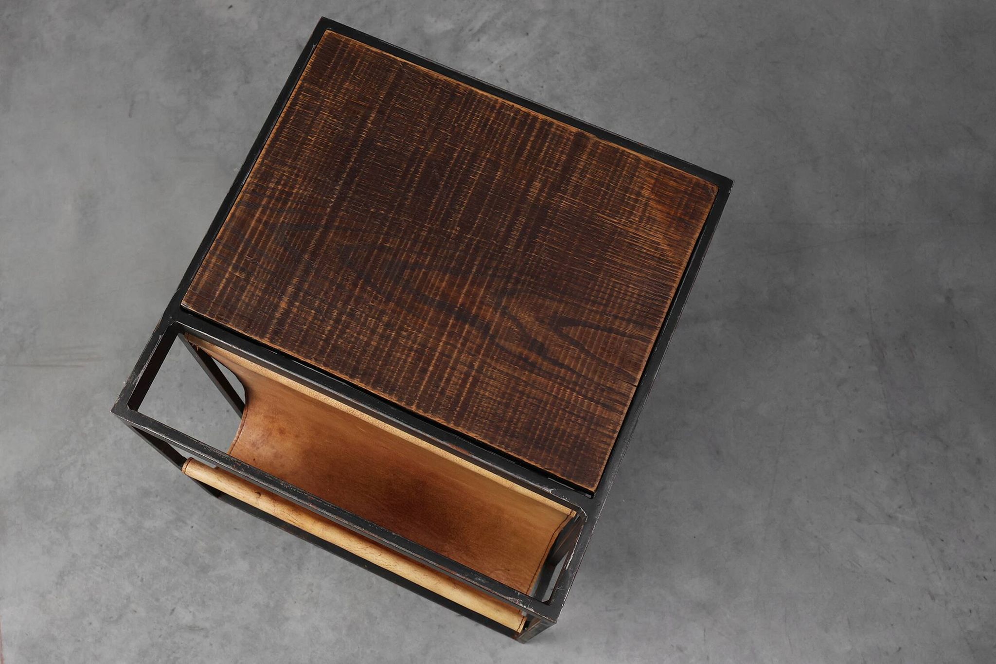 Mid-Century Magazine Holder in Metal, Wood and Leather, Belgium 1960s