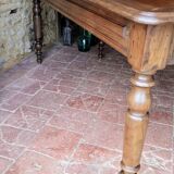 Old French farmhouse table in walnut, turned legs, waxed finish