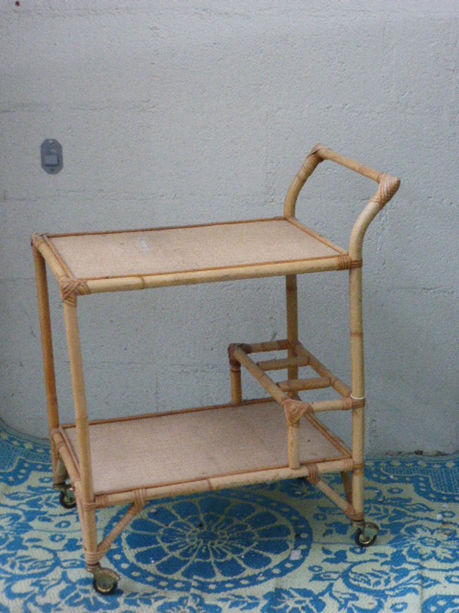 1960 vintage wicker rattan and bamboo trolley