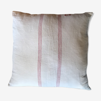 Lin cushion ecru red strips Torchon undus