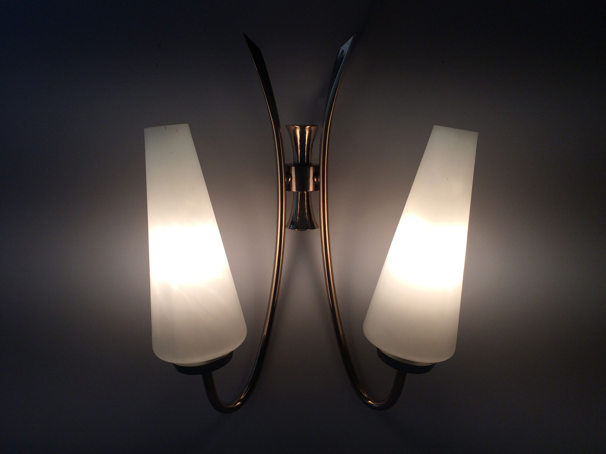 Pair of brass wall sconces and double tube in white opaline 1960