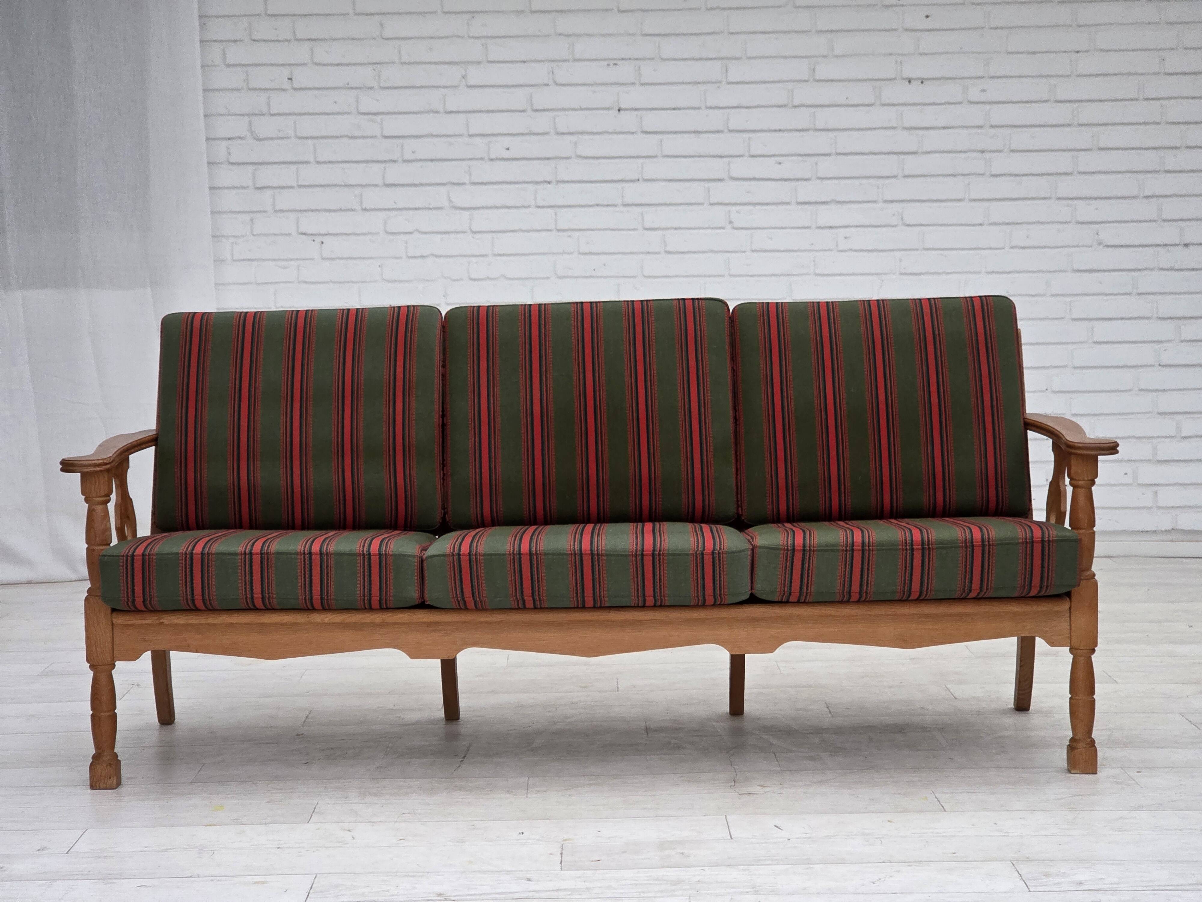 1970s, Danish 3-seater sofa, green furniture wool, oak wood.