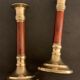 Pair of brass and mahogany wood candle holders