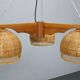 1970s Czechoslovakian rattan & pine pendant light, three-shade chandelier