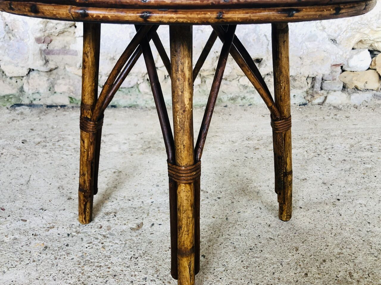 Round rattan bamboo side table, 60s