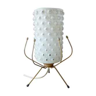 Lampe tripode des années 50 en laiton et verre bullé