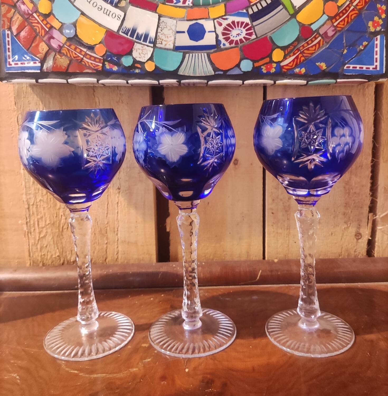 3 large cobalt blue cut crystal stemmed glasses