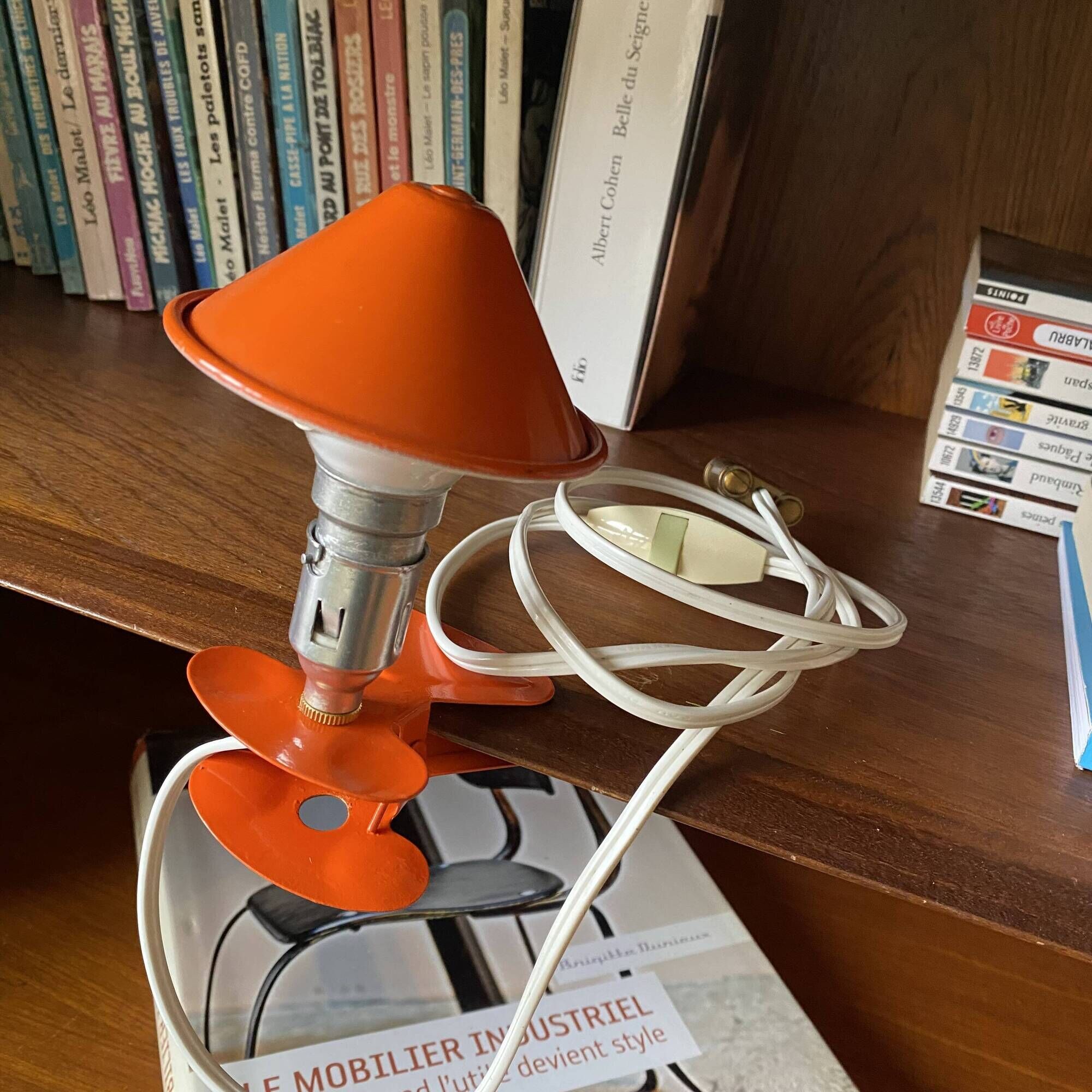 Small orange metal mushroom clip lamp vintage night light