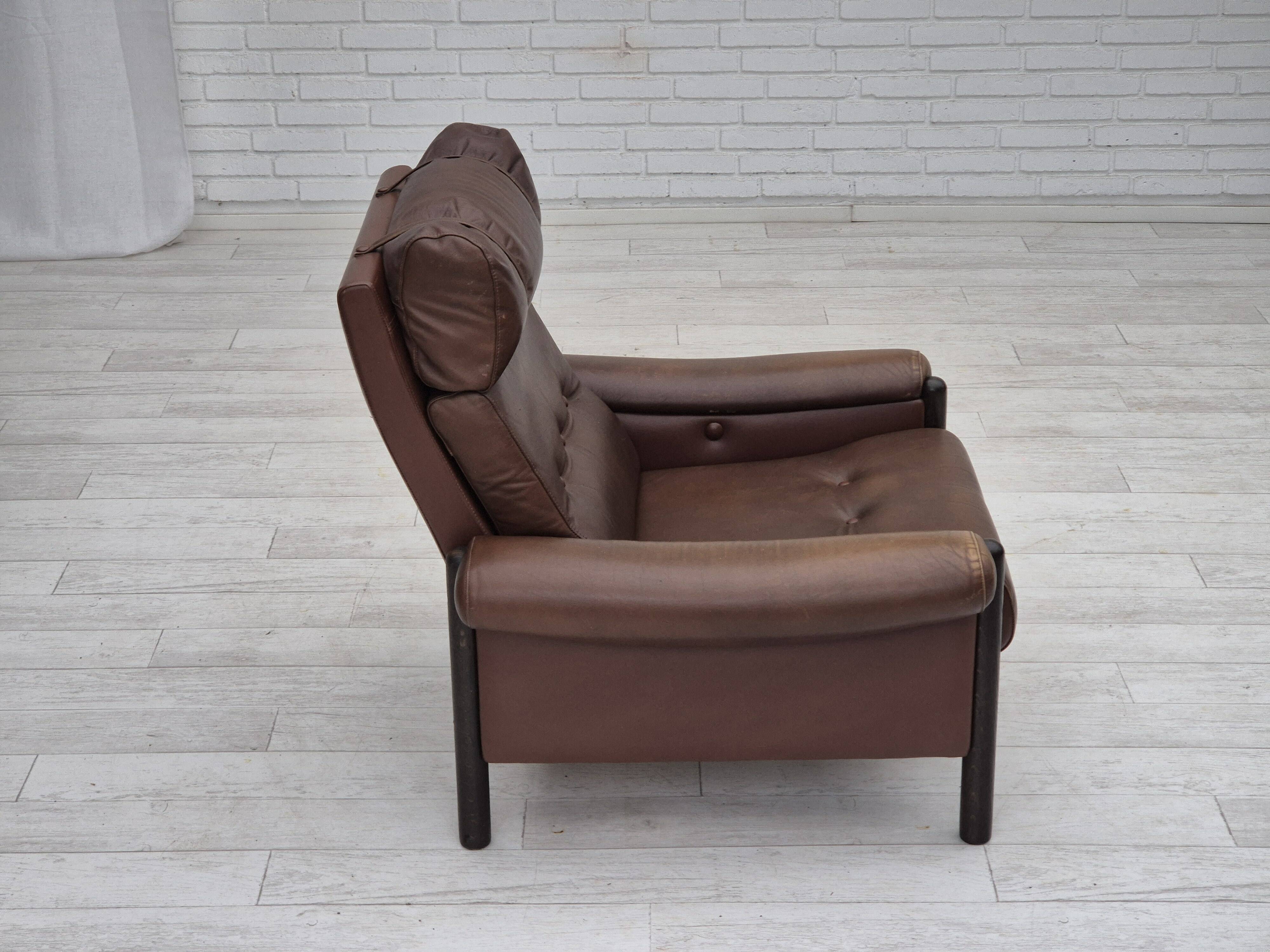 1970s, Danish armchair, original condition, furniture leather, dark oak wood.