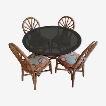 Ensemble 5 pièces vintage table ronde en rotin havane et verre fumé et 4 chaises