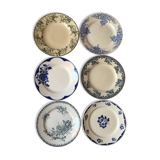 Six flowery old plates in green and blue