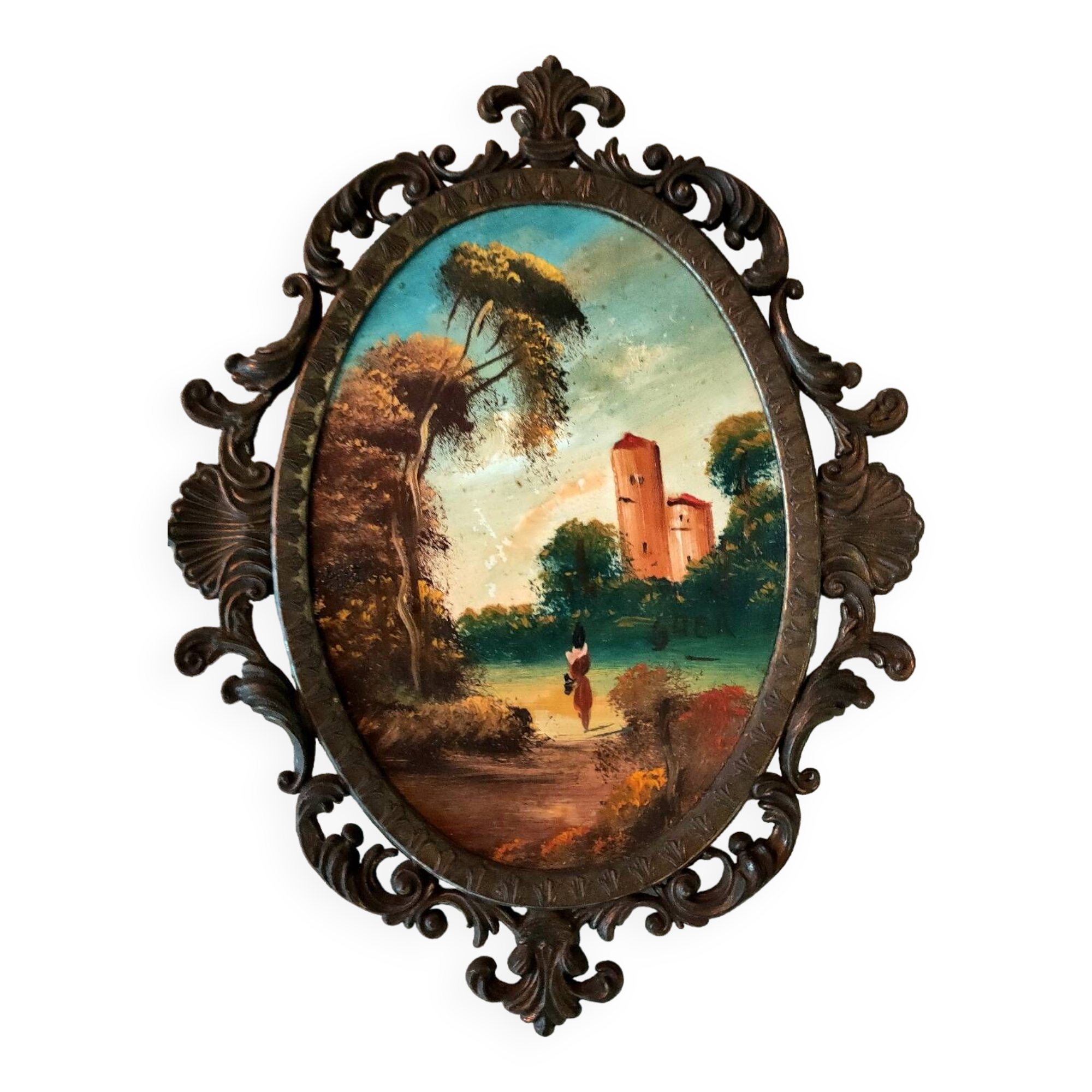 Small frame in gilded metal and painting on wood