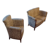 Lot of old 2-seater bench + upholstered armchair