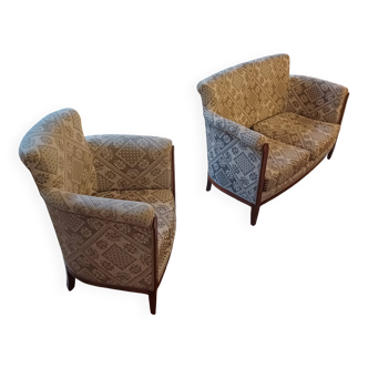 Lot Banquette ancienne 2 places + Fauteuil tapissés