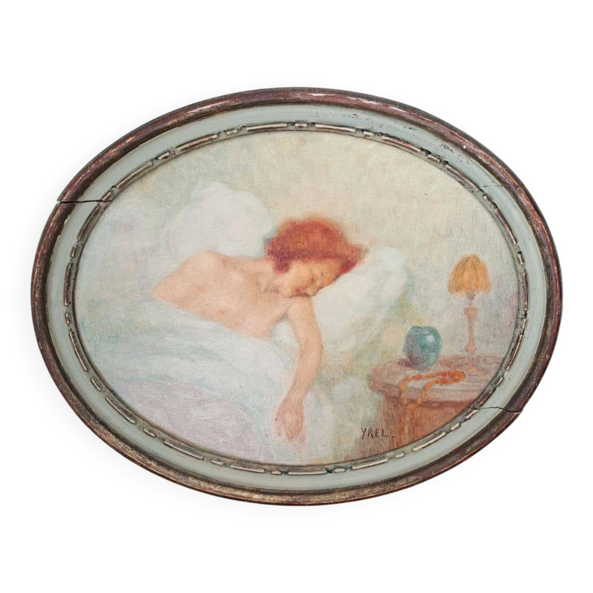 Ancient oval painting of a sleeping woman in oil on wood panel.
