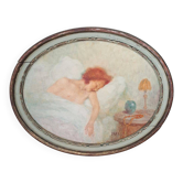 Ancient oval painting of a sleeping woman in oil on wood panel.