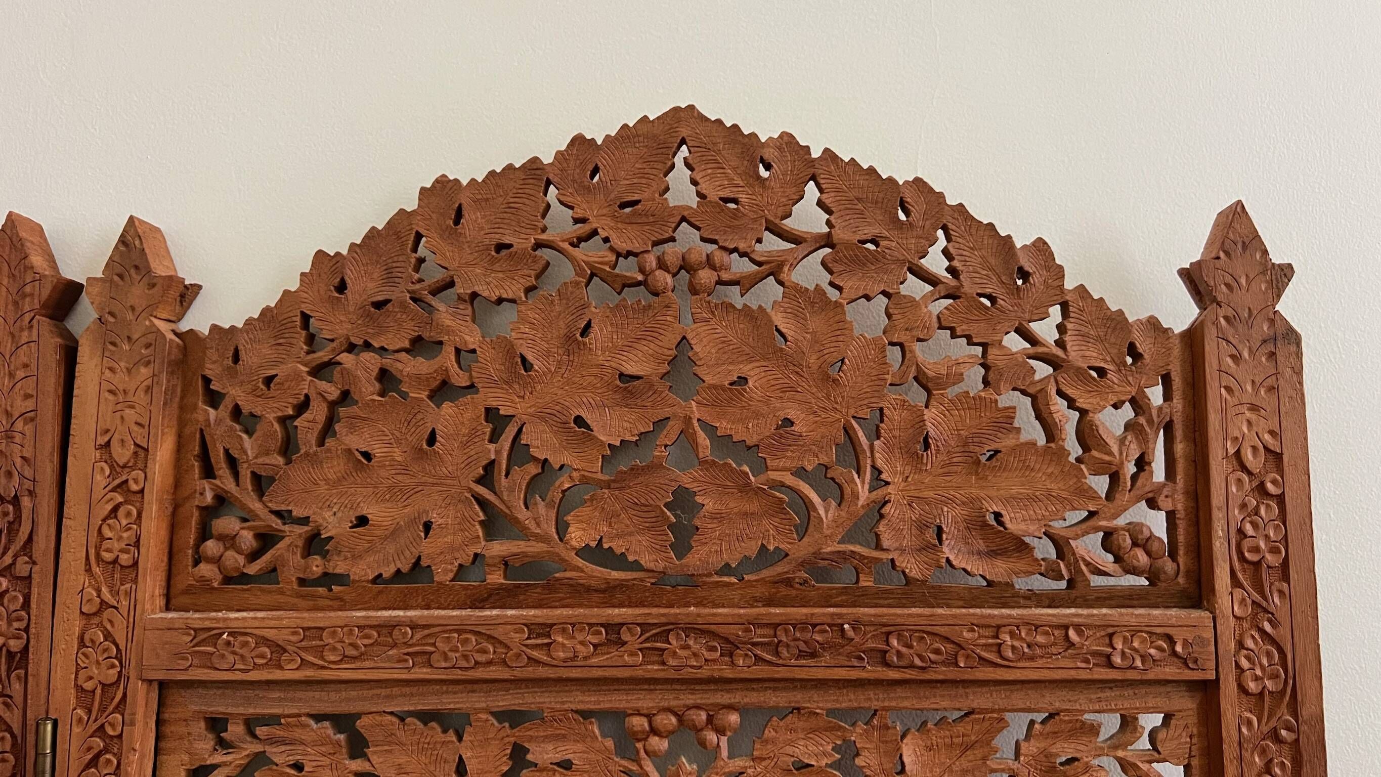 Vintage Asian carved teak screen — mid-20th century
