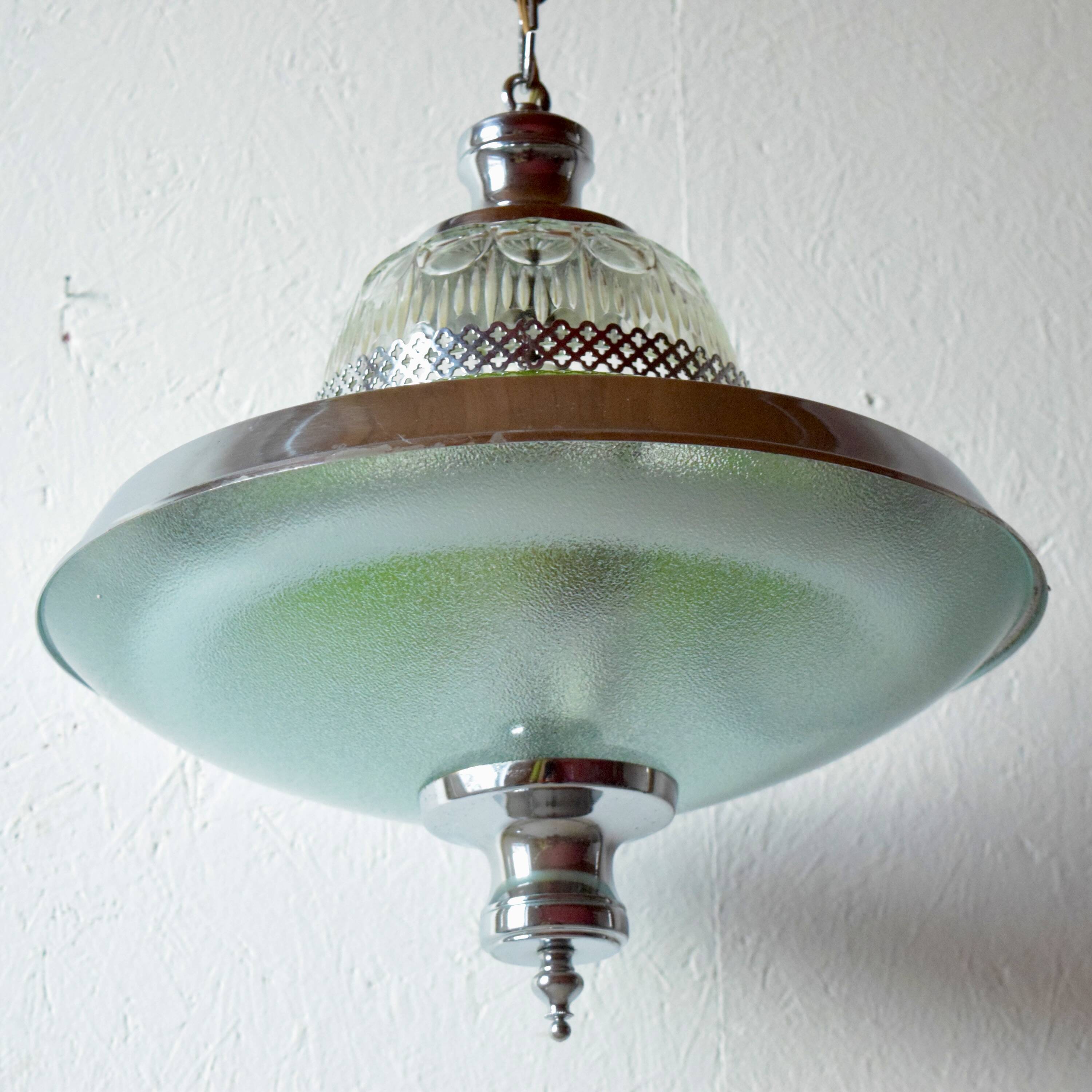 Vintage green glass and chrome metal pendant light