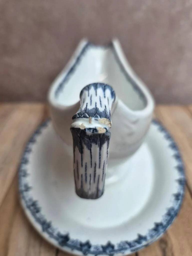 Antique sauce boat Sarreguemines bamboo shape – unlisted blue decoration – ironstone