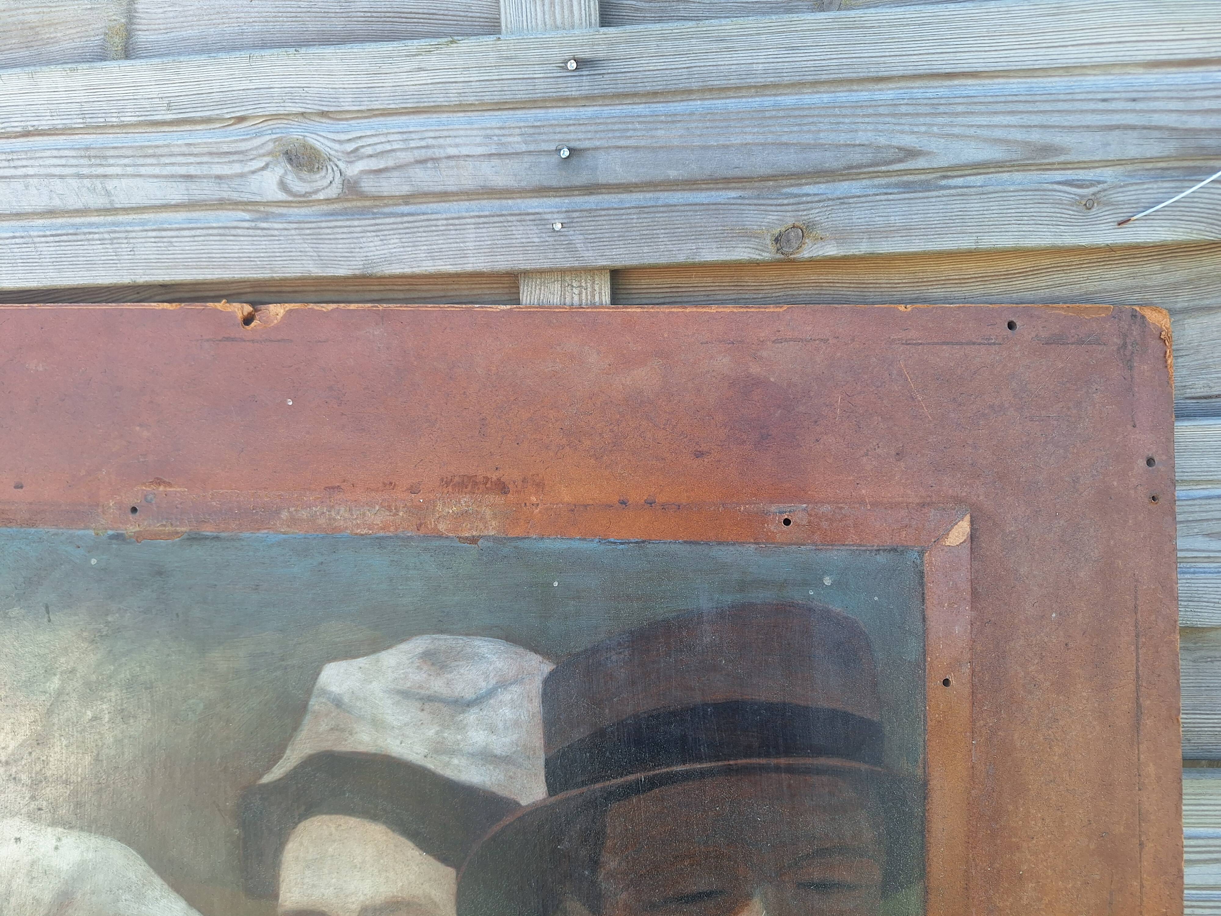 Very Large Oil on Panel Hurdy-Gurdy Player Corrèze Auvergne