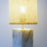 Vintage marble table lamp with new raffia shade.