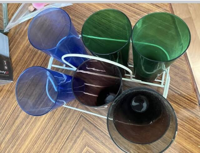 7 coloured glass glasses, 1960s-70s