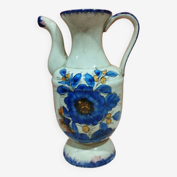 Pichet en céramique craquelée peint à la main  motif floral bleu