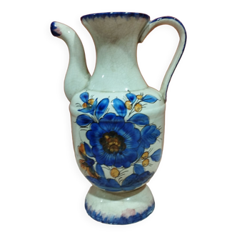 Pichet en céramique craquelée peint à la main  motif floral bleu