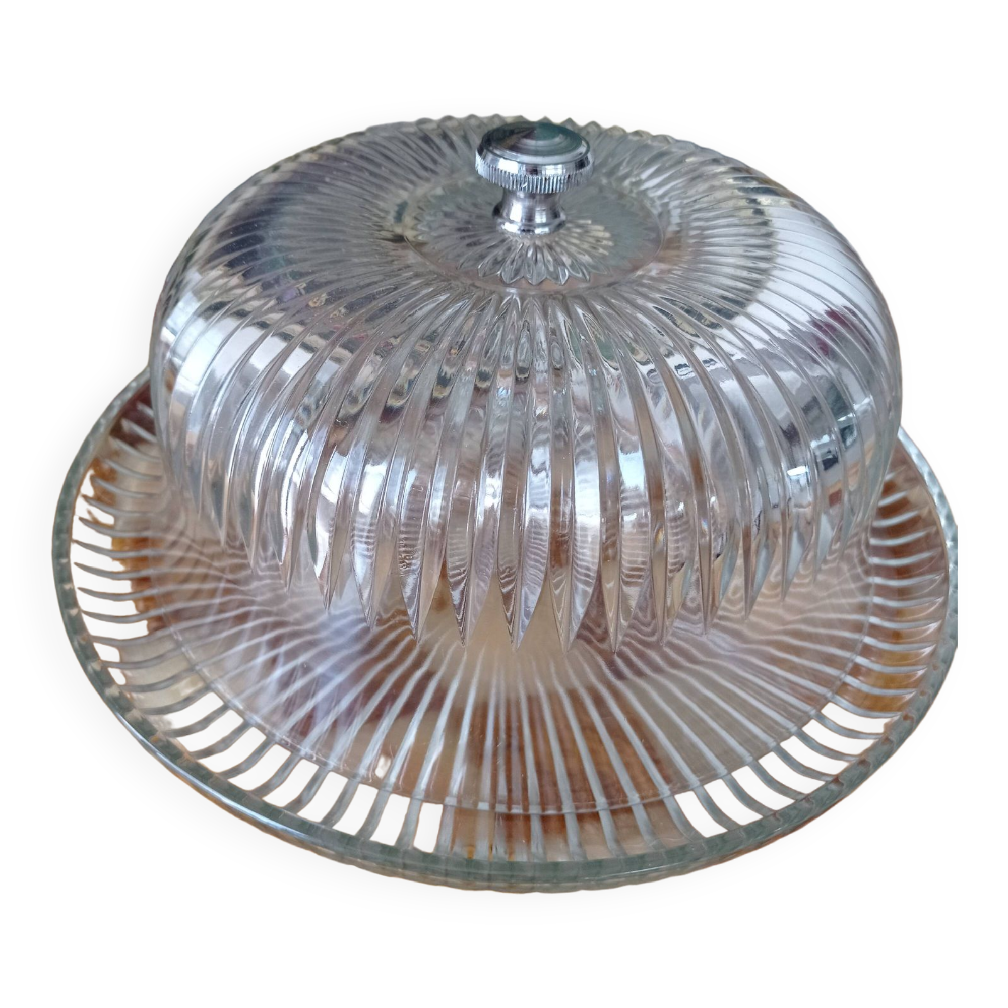 Vintage VMC Reims plat à gâteau et cloche en verre taillé