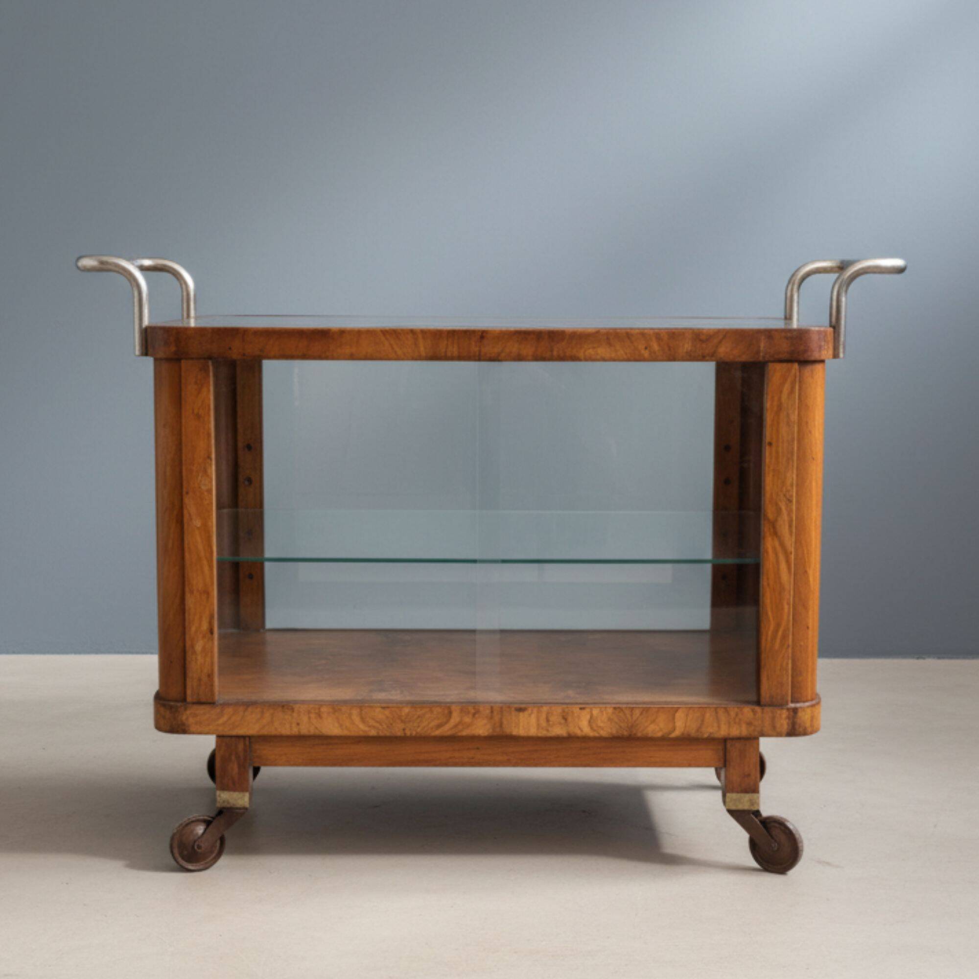 Art Deco walnut serving trolley with chrome, 1930s