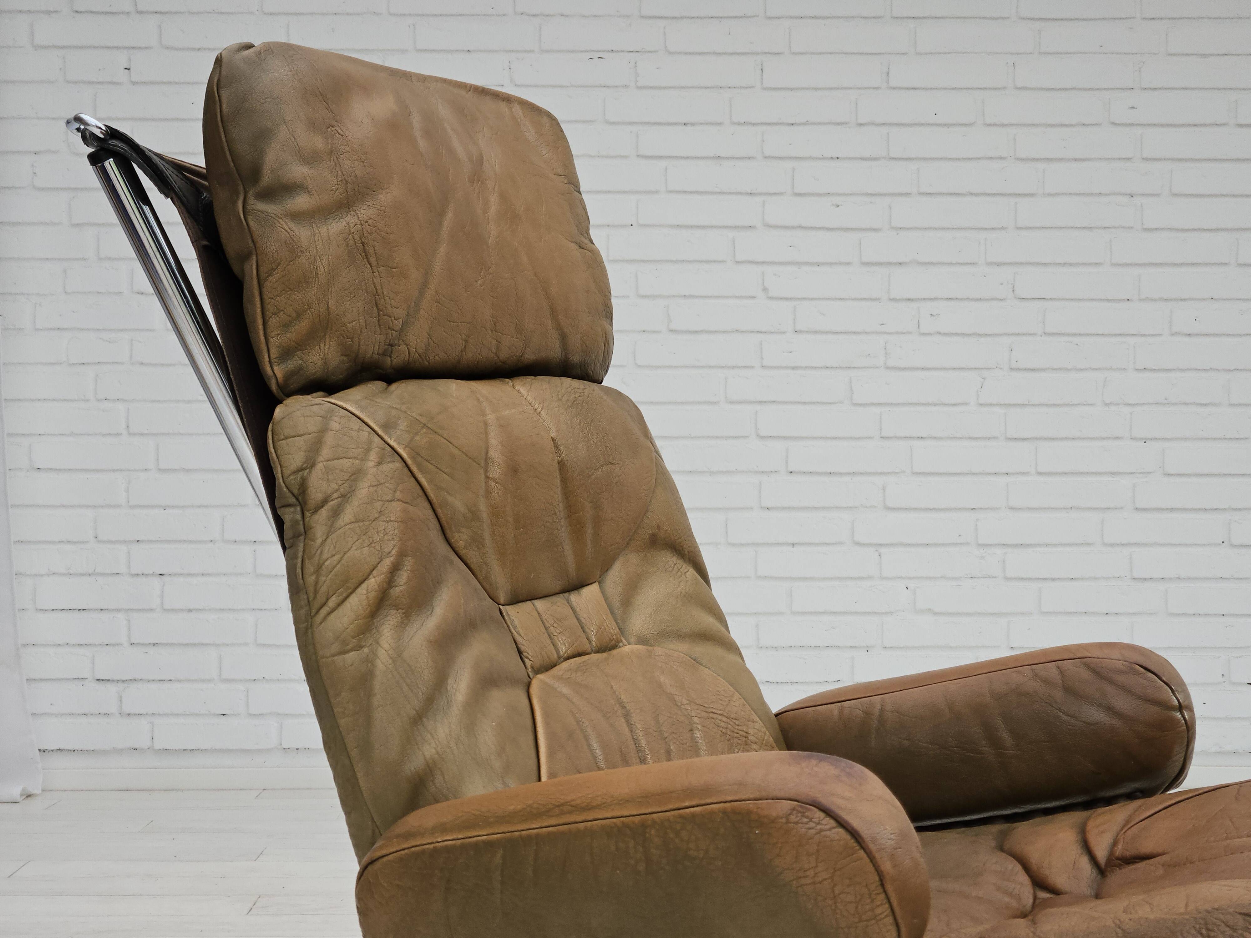 1970s, Norwegian design by Harald Relling, original condition, leather, chrome steel, teak wood.