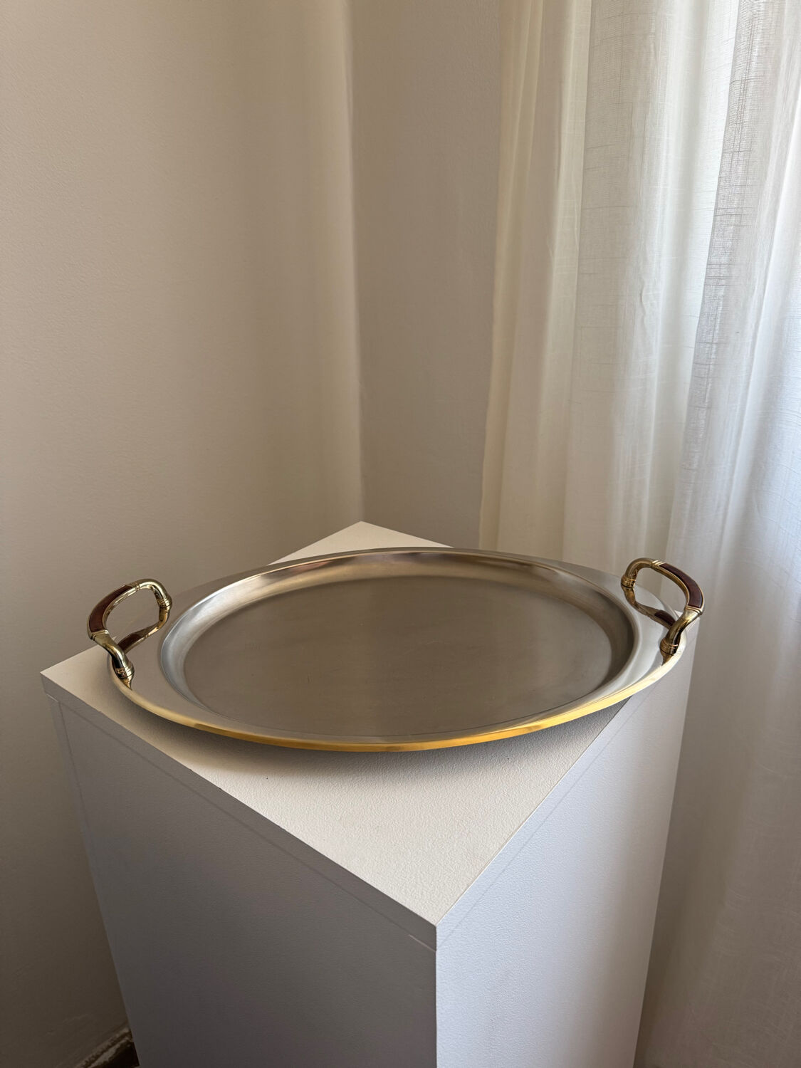 Vintage Stainless Steel Serving Tray With Gold Plated Handles