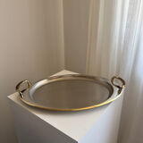 Vintage Stainless Steel Serving Tray With Gold Plated Handles
