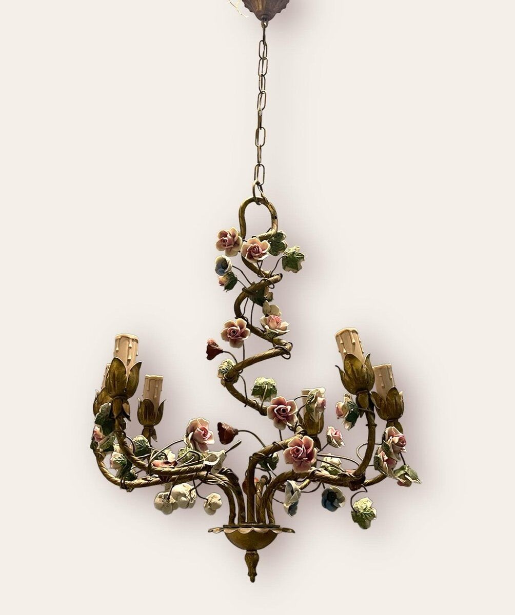 Italian Tole Ceramic Flower Chandelier, 1960s