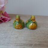 Ensemble salière et poivrière en forme de canards barbotine verts et jaunes vintage