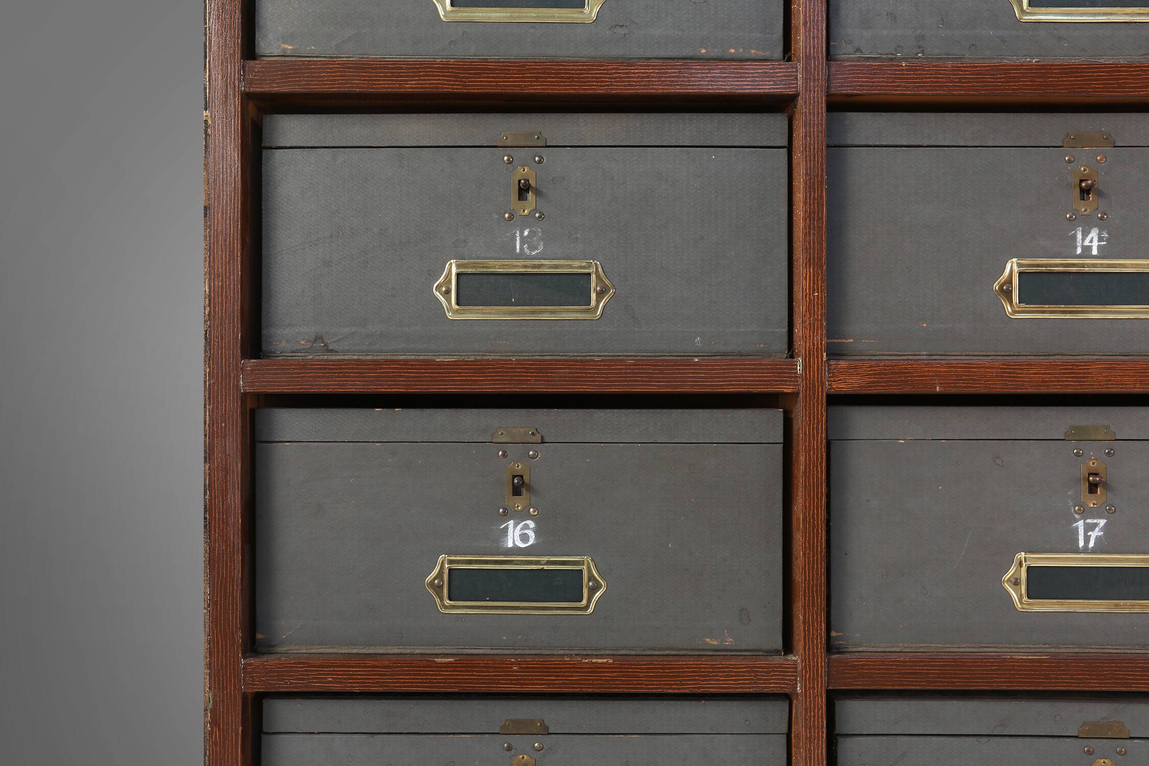 Industrial filing cabinet in wood with 30 original cardboard storage boxes, Belgium, 1920s