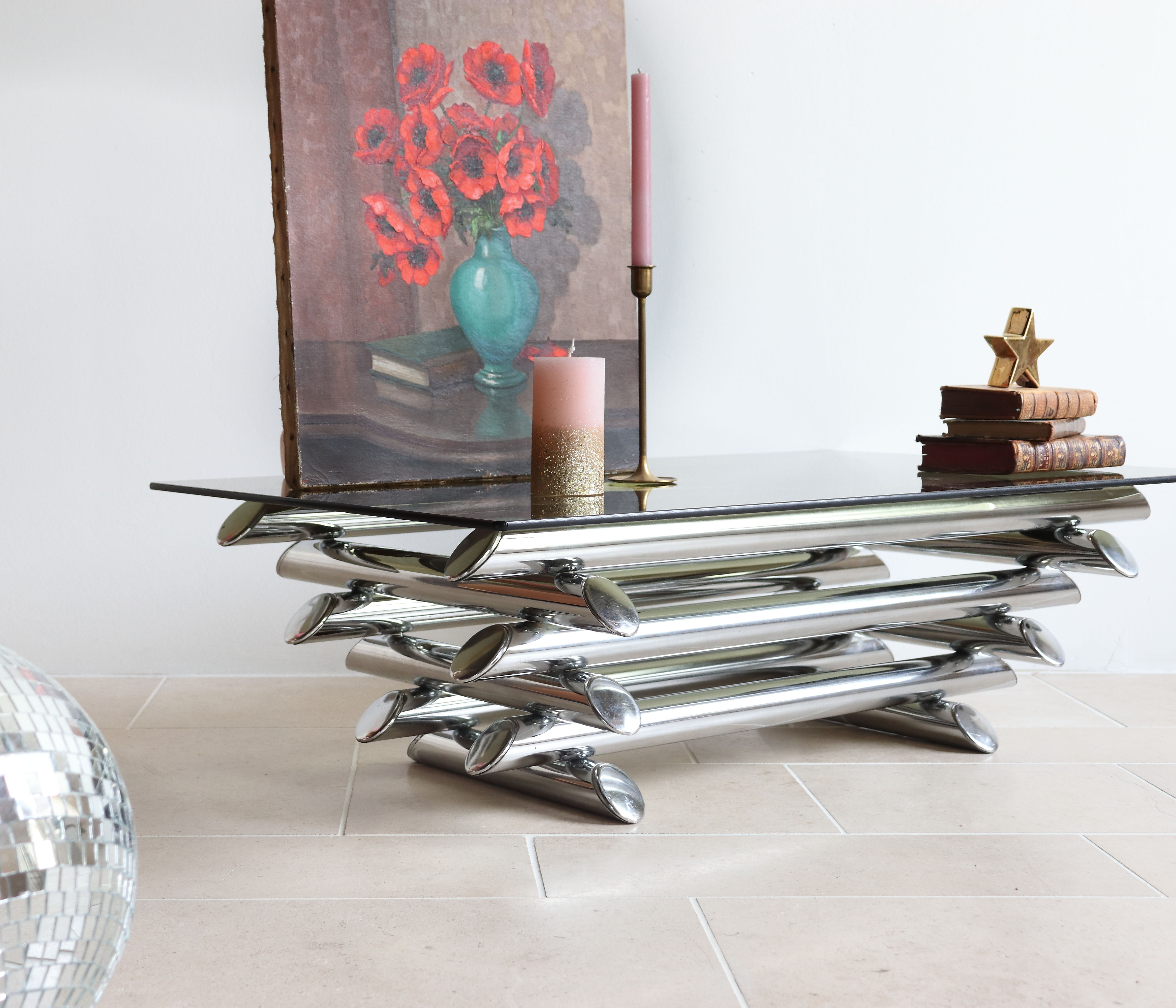 Coffee table in smoked glass and chrome tubular metal, 70s