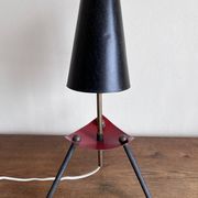 1950s modernist tripod lamp made of sheet metal and brass.