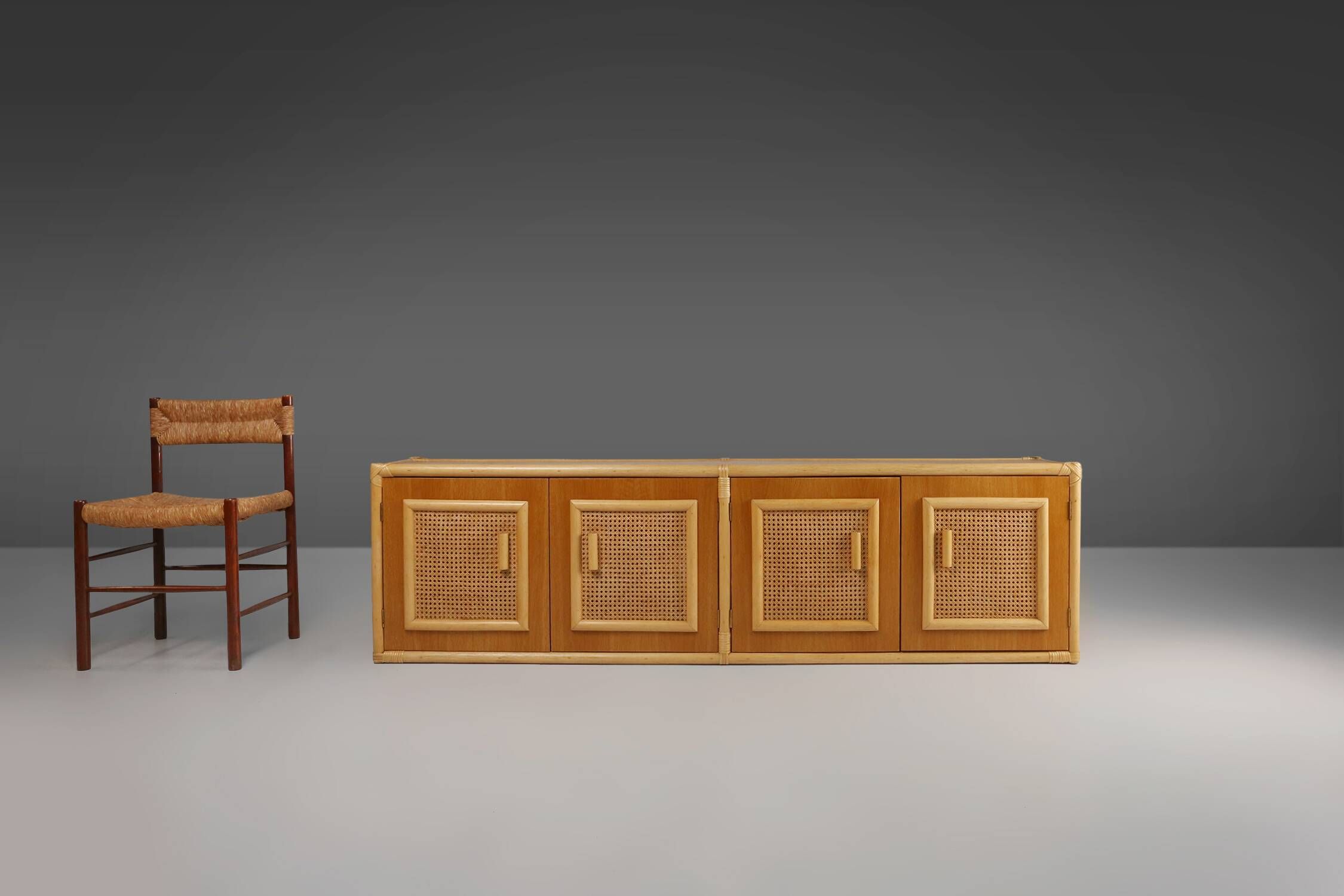 Four-door buffet in rattan and wood, France, 1960s