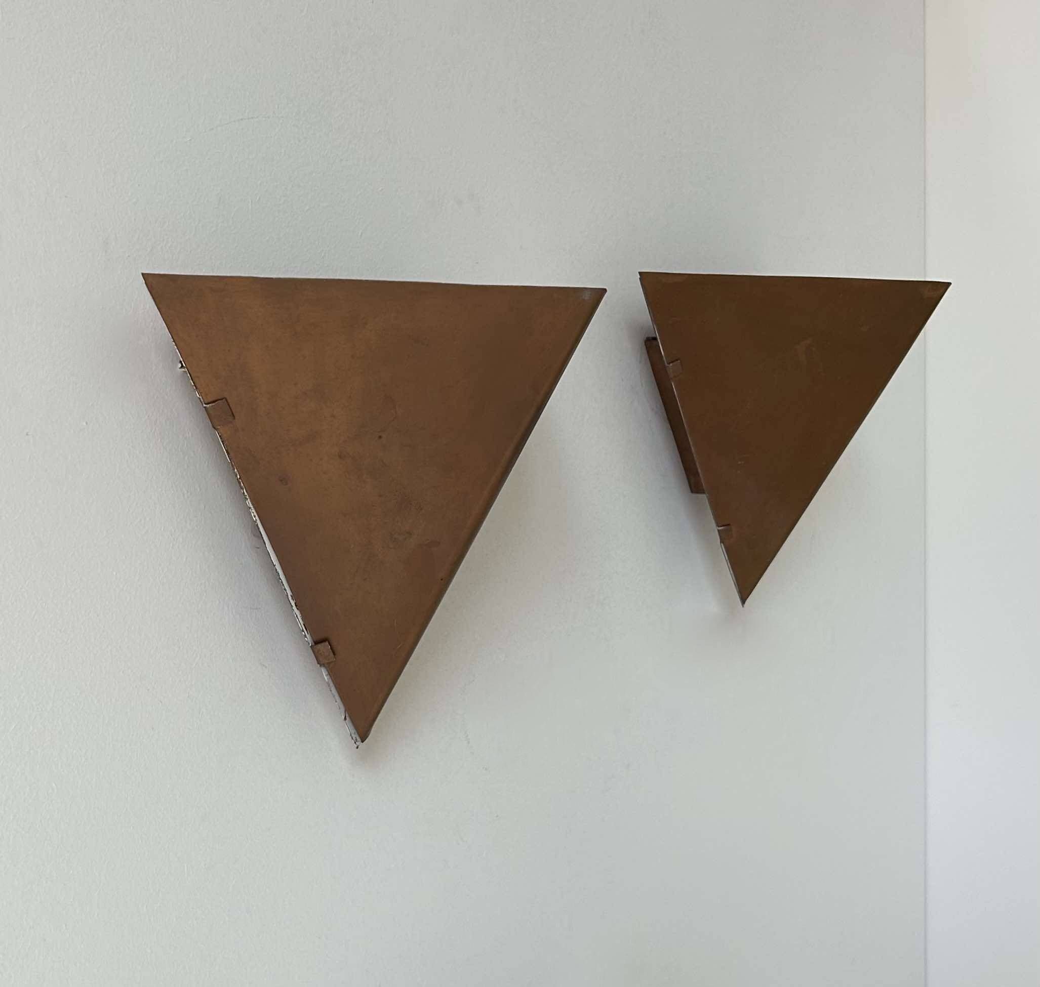 Pair of vintage geometric wall lights, patinated copper, France 1960