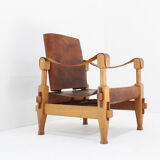Vintage brutalist wood and cognac leather safari armchair, 1960s