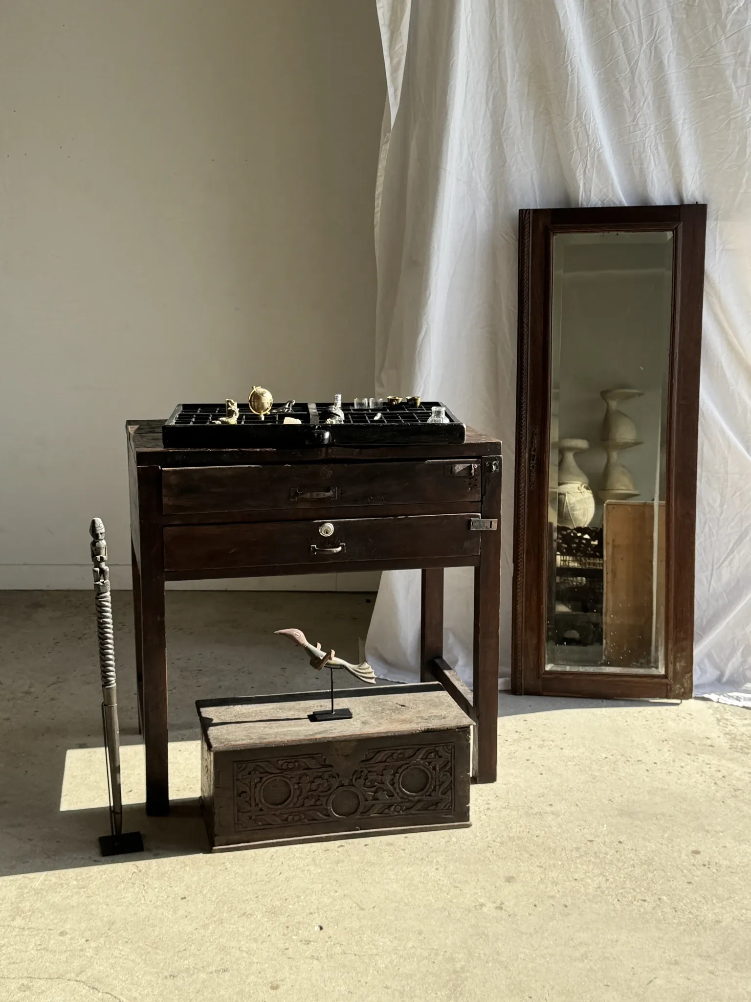 Antique mirror (right) oak wardrobe door with bevelled glass and