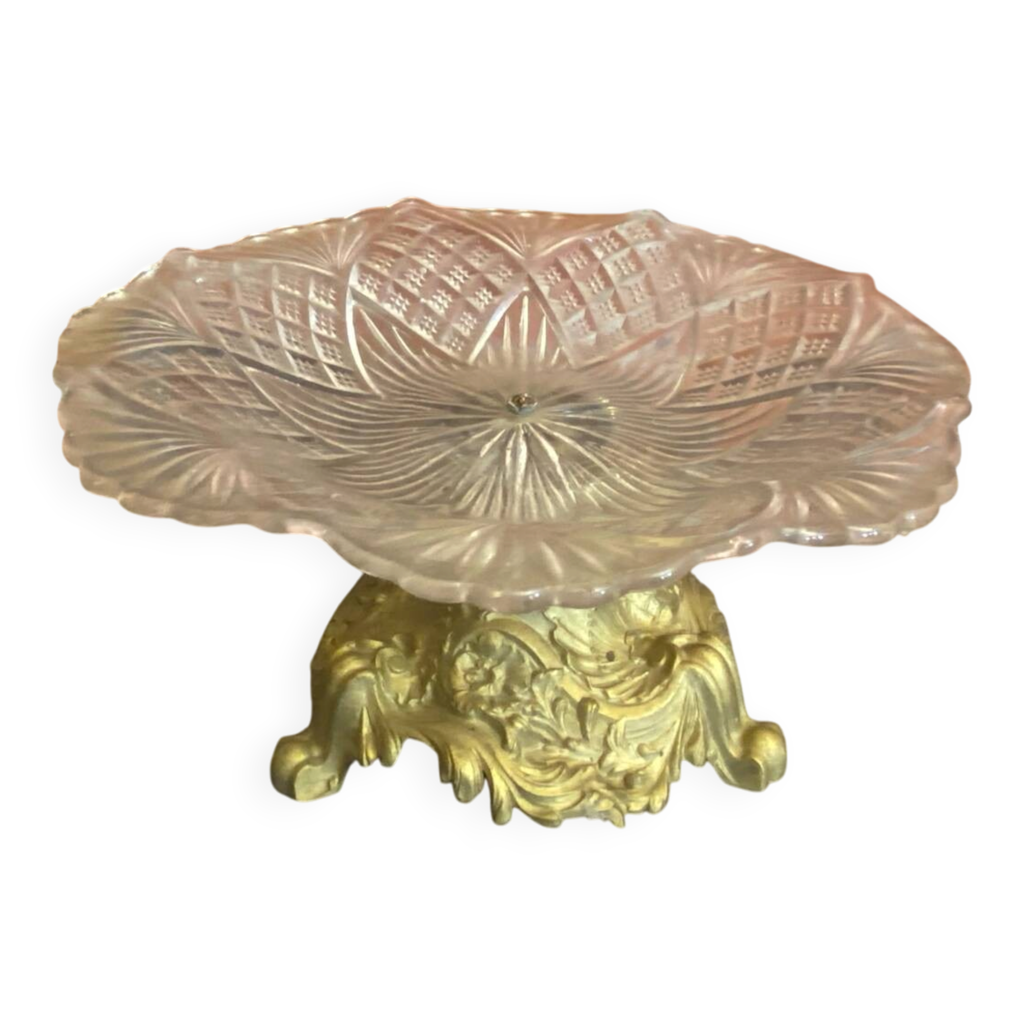 Antique art nouveau fruit bowl moulded glass + golden metal pedestal