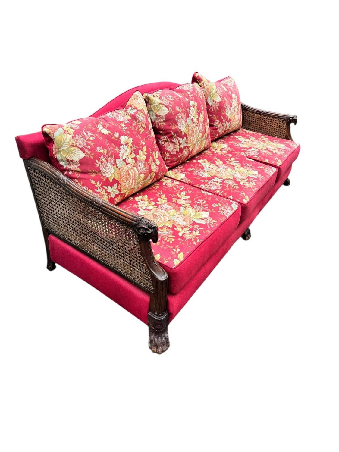 Empire-style bergère bench, carved wood and cane sofa, circa 1900