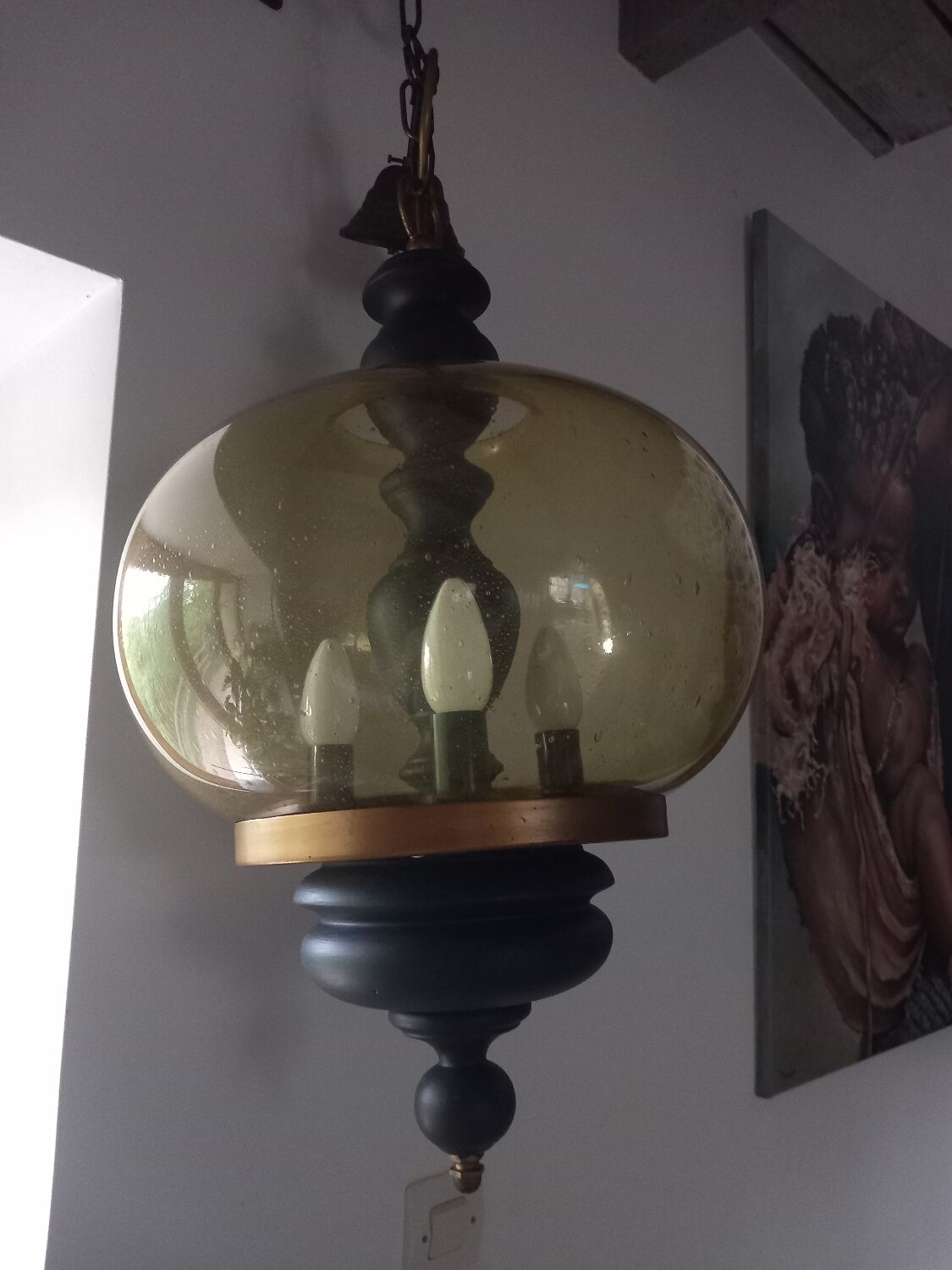 Suspension en bois et verre soufflé
