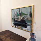 Mid-Century Modern Swedish "Green Sails" Vintage Seascape Oil Painting, Framed