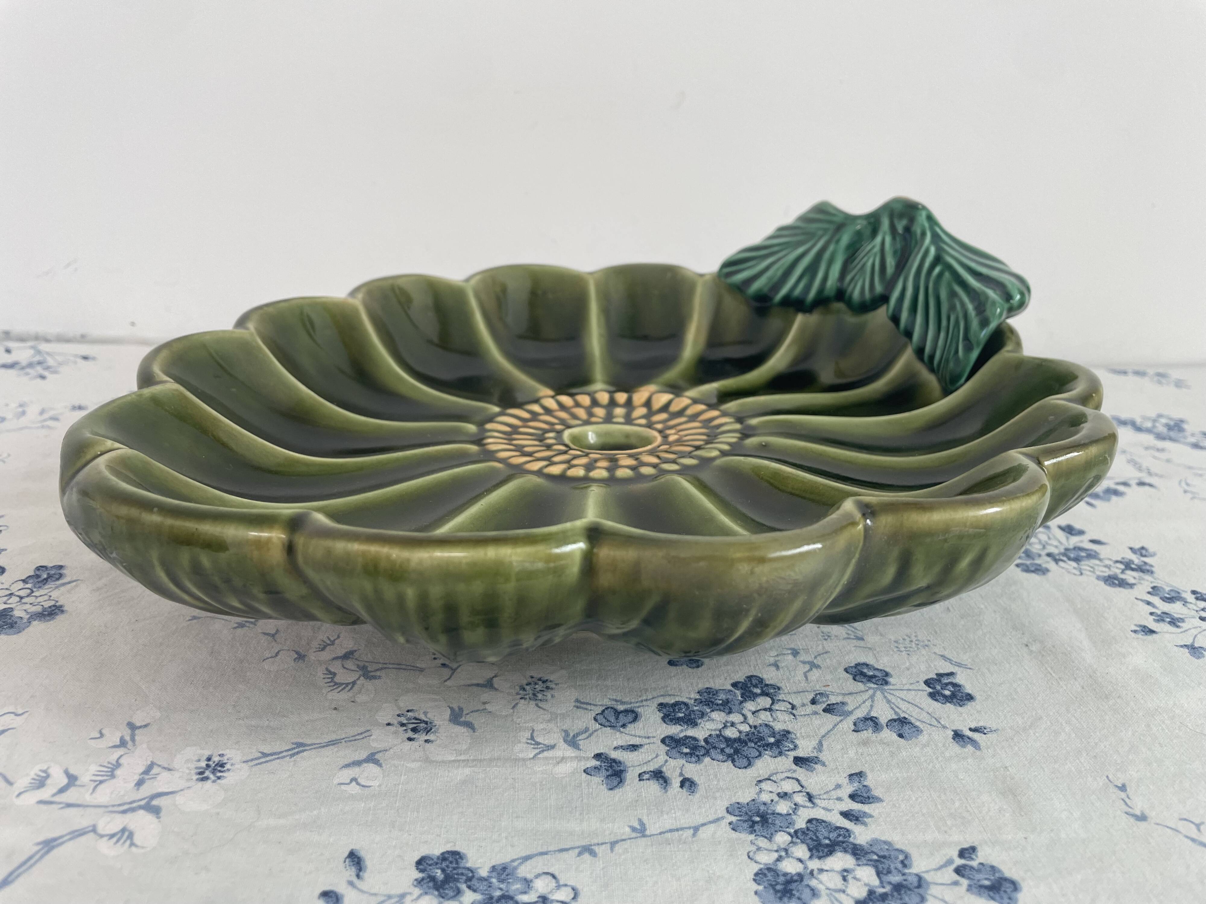 Large decorative dish, green ceramic flower, mid-20th century