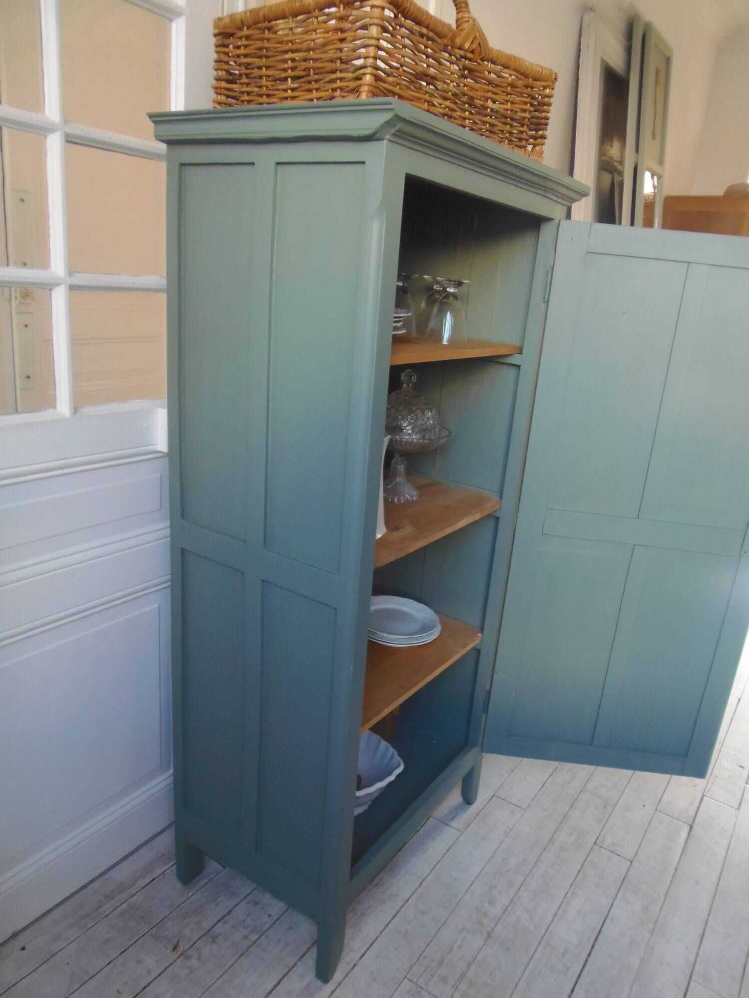 Vintage 1-door Parisian wardrobe re-enchanted in smoky green.