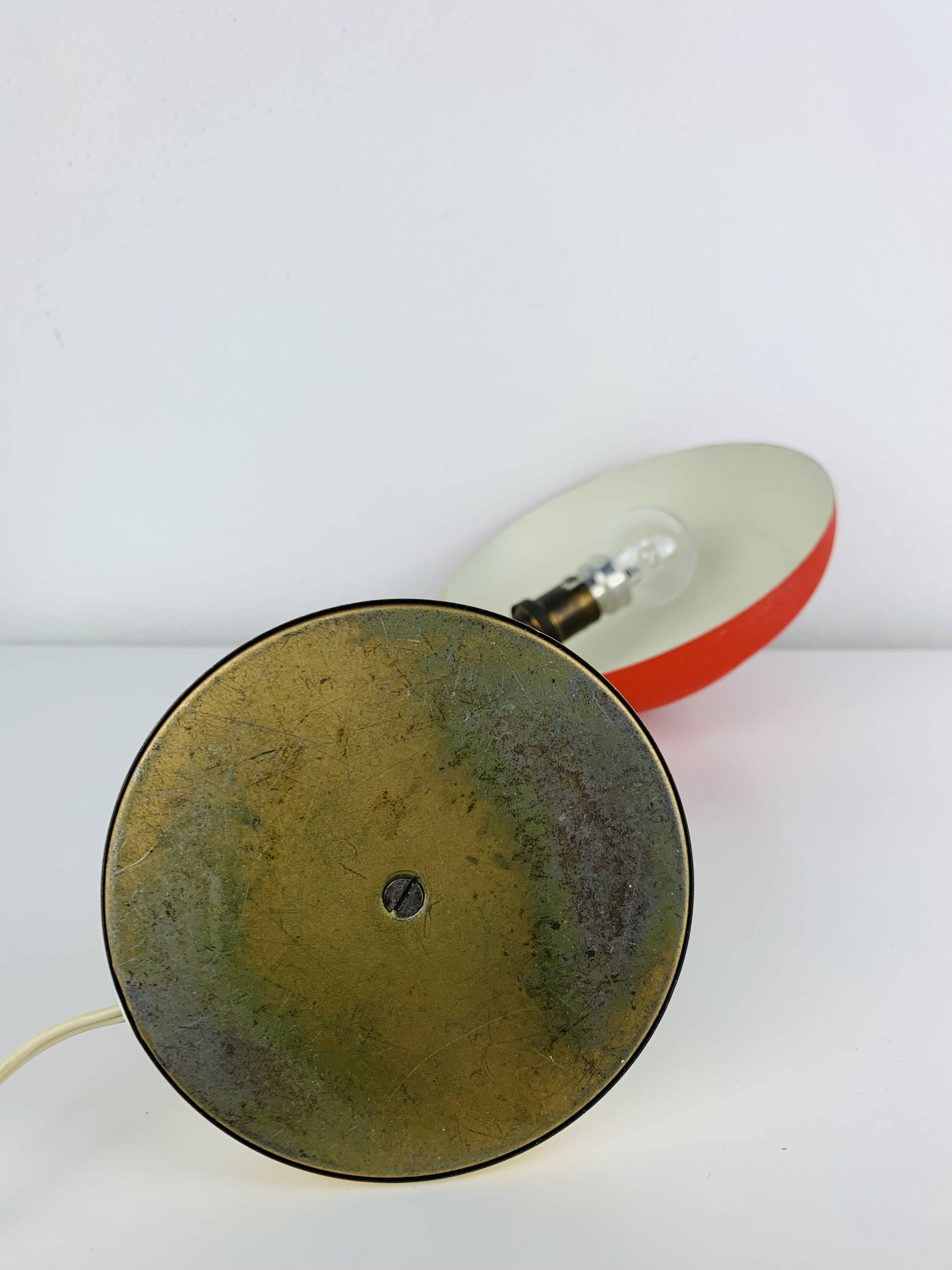 1950s desk lamp, red metal and brass