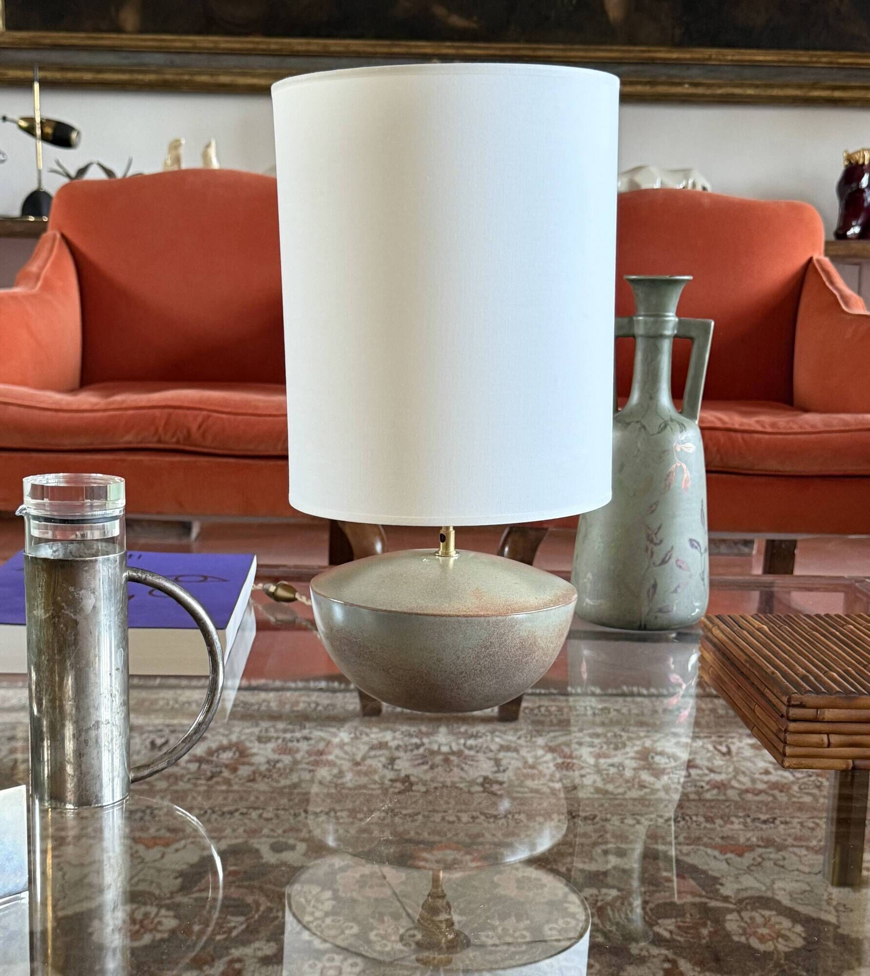 Mid-century modern green ceramic lamp base, Alain di Bin France 1960s